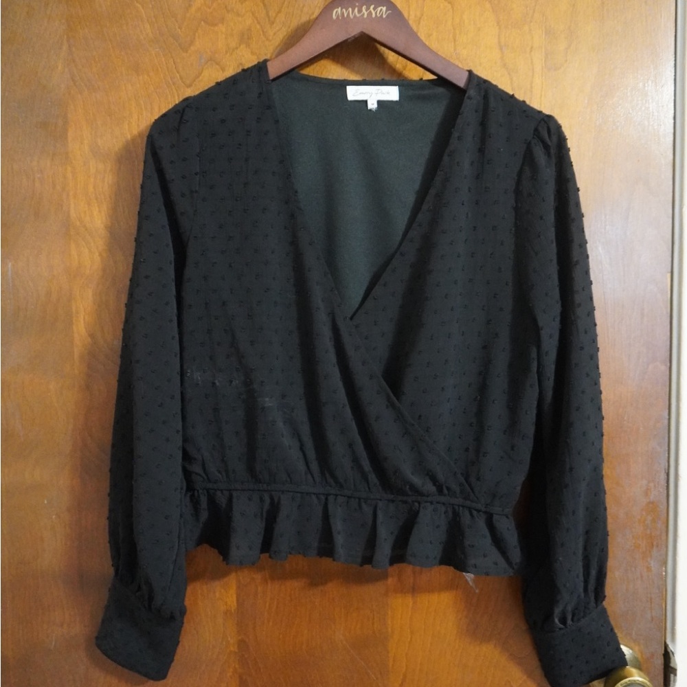 Express Black Textured Wrap Blouse with Ruffle Hem